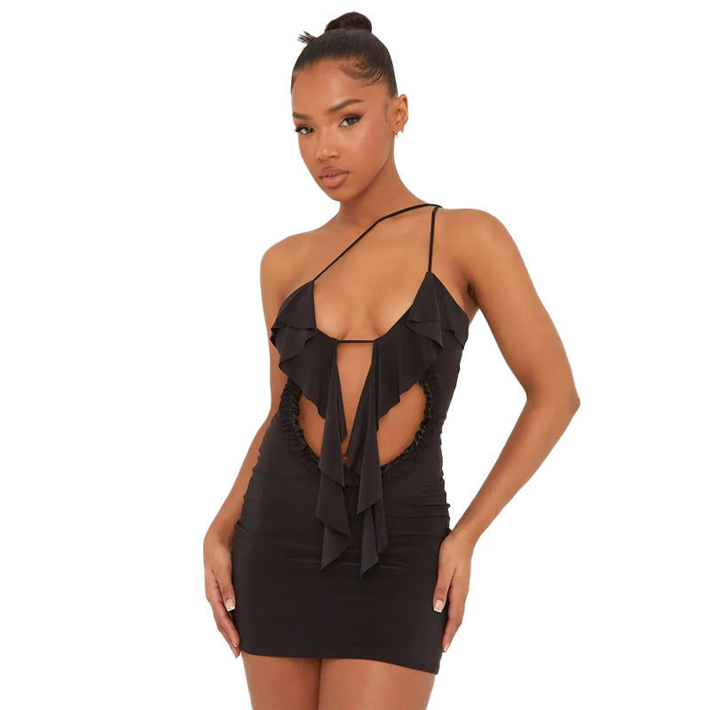 Dame Cut-Out Minikjole med flydende flæserdesign og asymmetrisk stropper Stilla