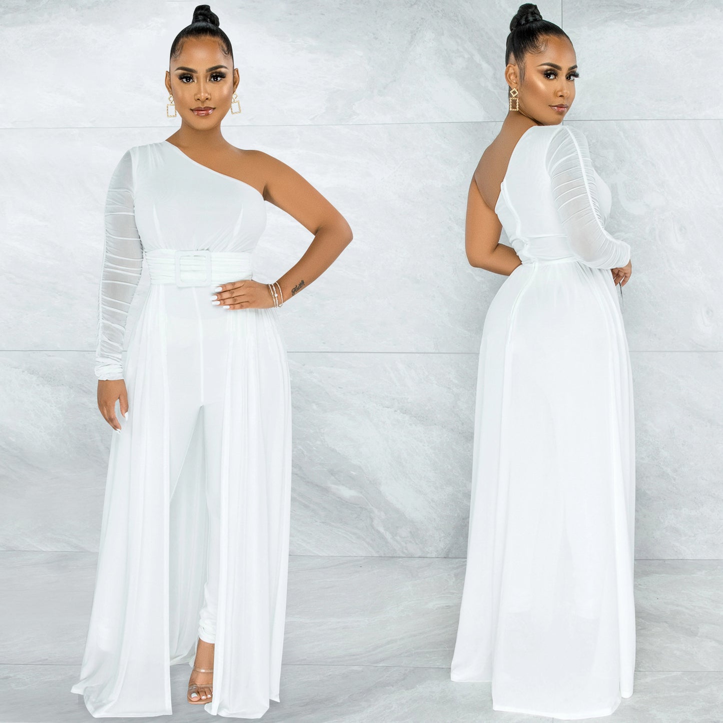 Dame Elegant En-skulder Jumpsuit med gennemsigtig overkjole og figursyet bælte Stilla