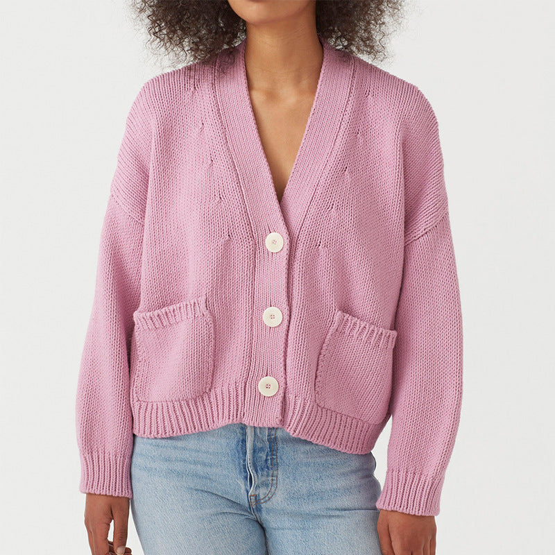 Dame afslappet strik cardigan med store lommer og knaplukning Stilla
