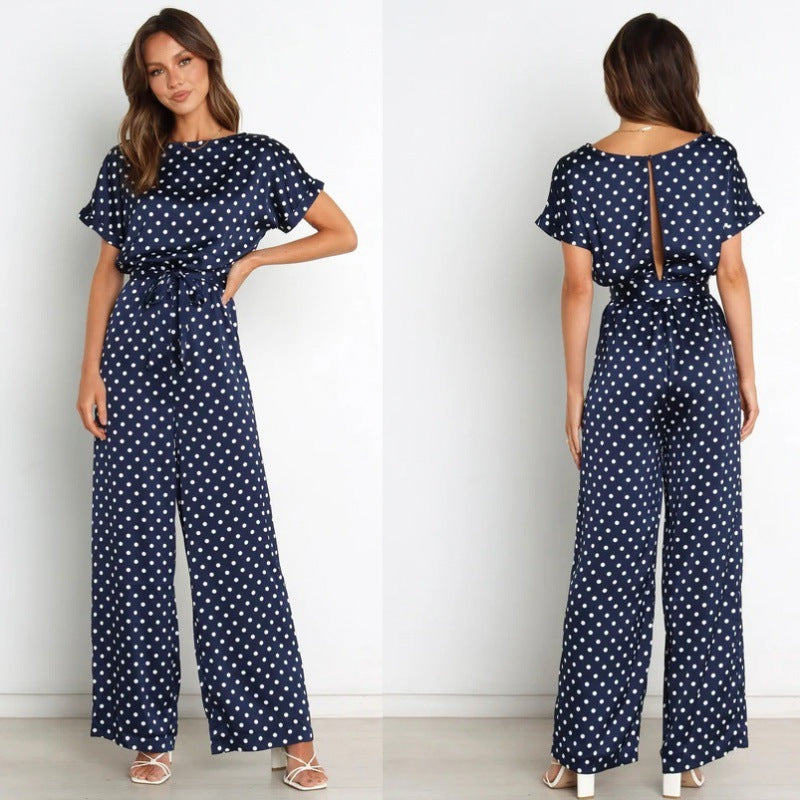 Dame jumpsuit med vidde bukseben og elegant bindebælte Stilla