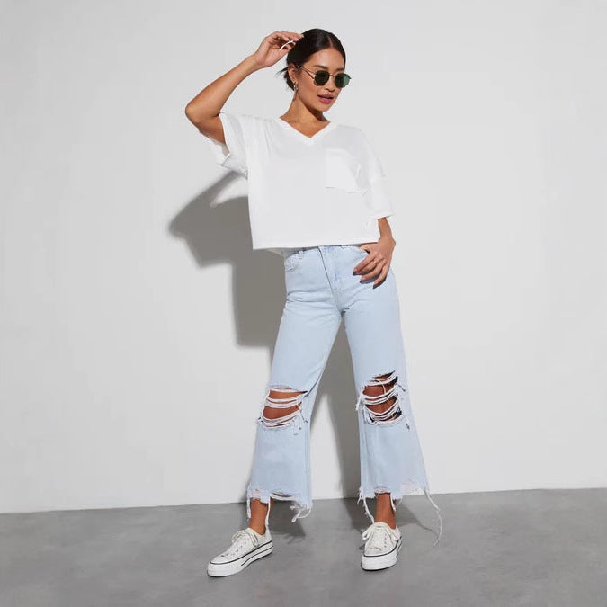 Dame Ripped Wide-Leg Jeans med frynset kant Stilla