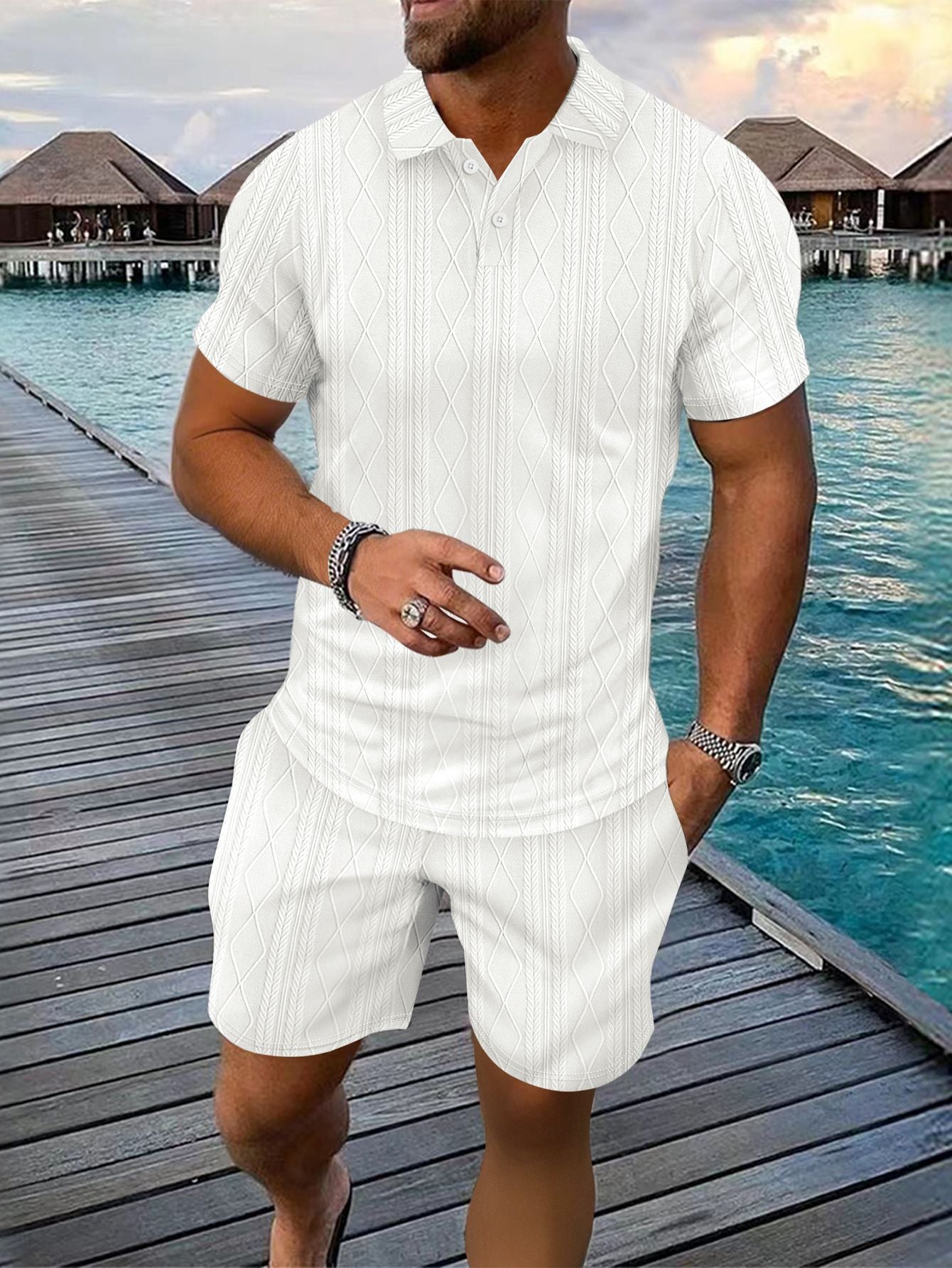 Herrer Strukturstrik Polo og Shorts Sæt Stilla