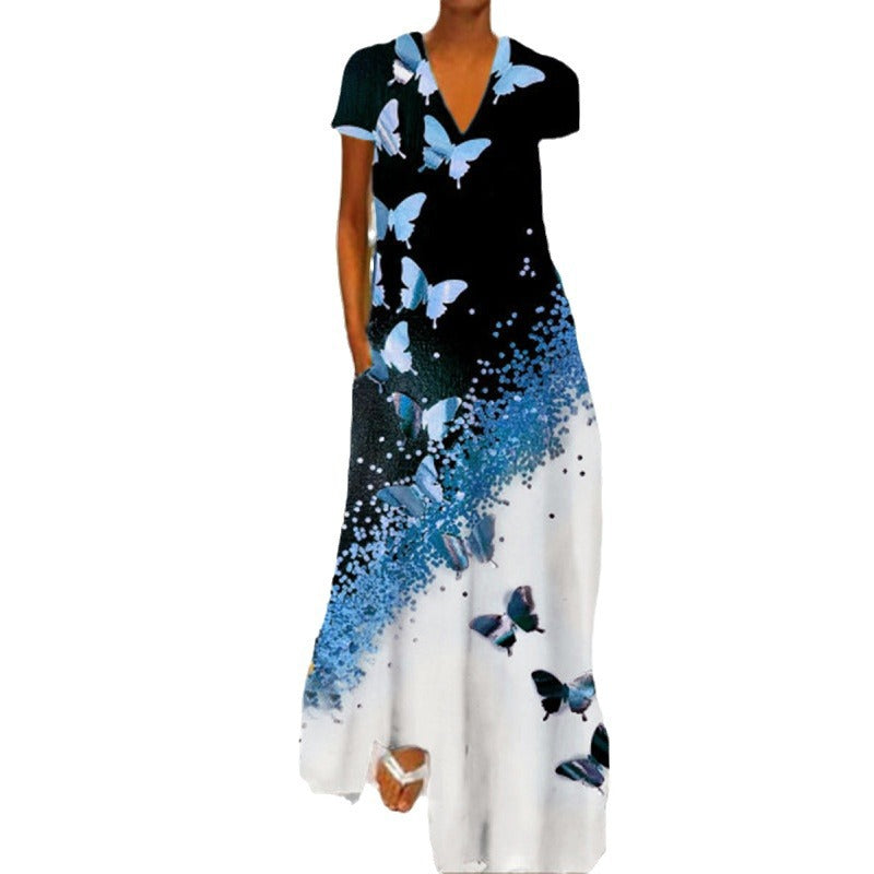 Stilla | Chic Butterfly Print V-hals Korte Ærmer Kjole