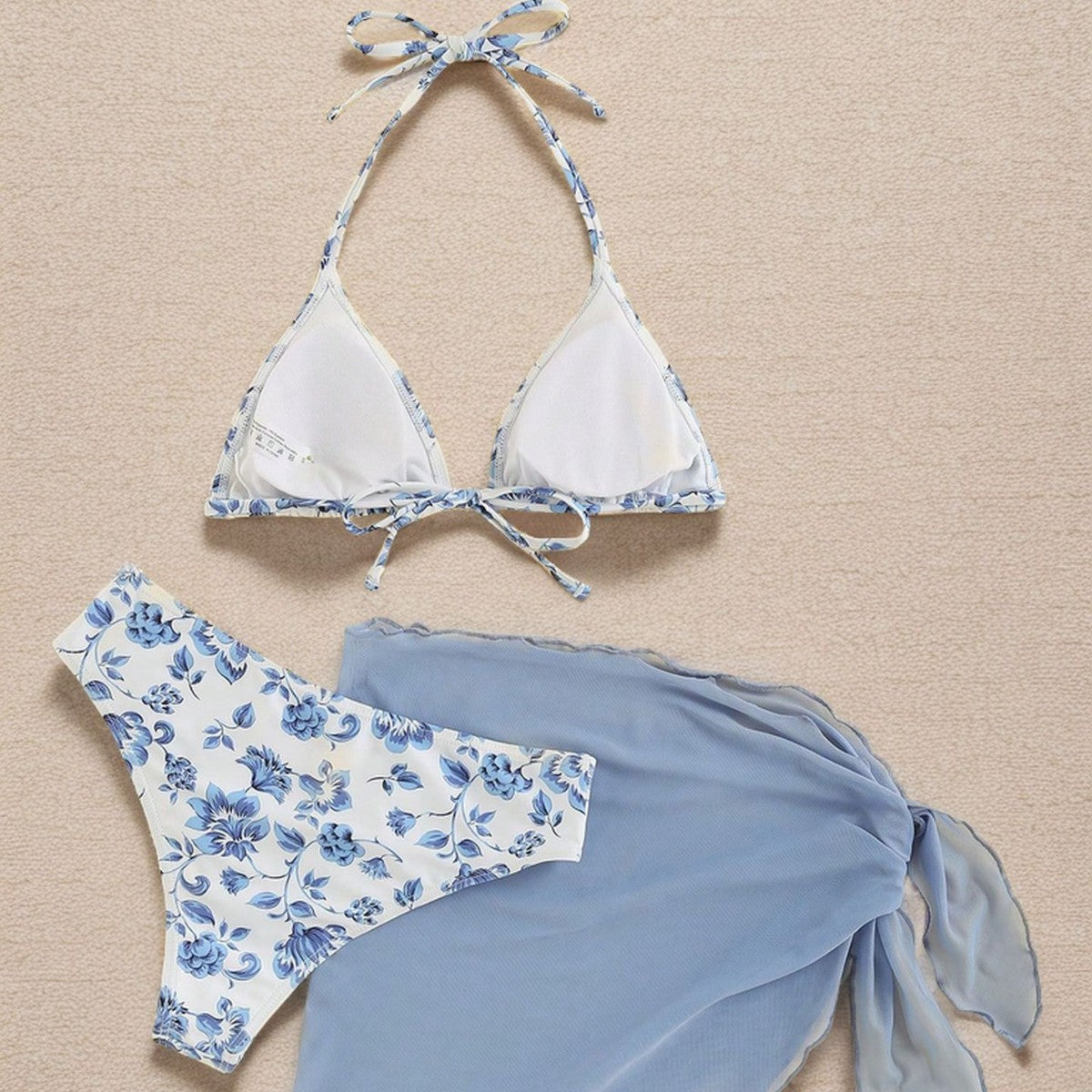 Dame Triangel-Bikini-Sæt med romantisk blomstermønster og elegant Pareo Stilla