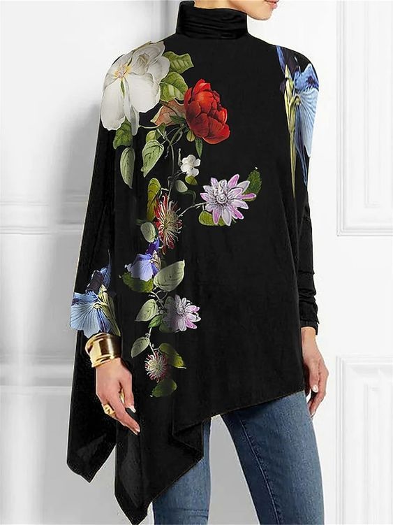 Dame elegant tunika overdel med floralt design og asymmetrisk snit Stilla