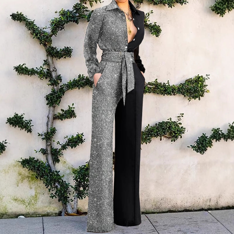 Kvinder Elegant Jumpsuit med glitrende overdel og bredt ben Stilla