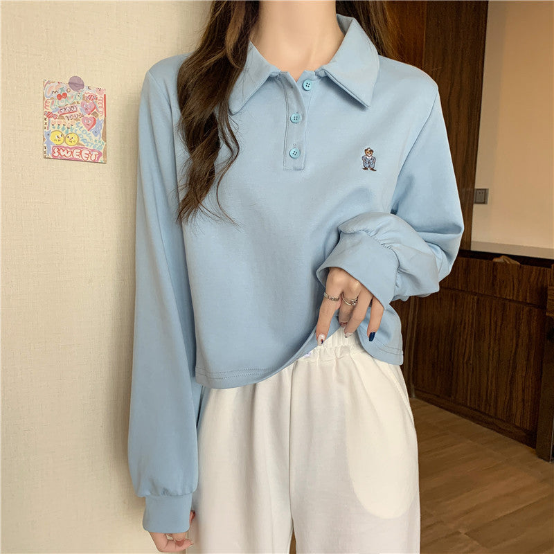 Dame Cropped Langærmet Polo-Top med unik broderi Stilla