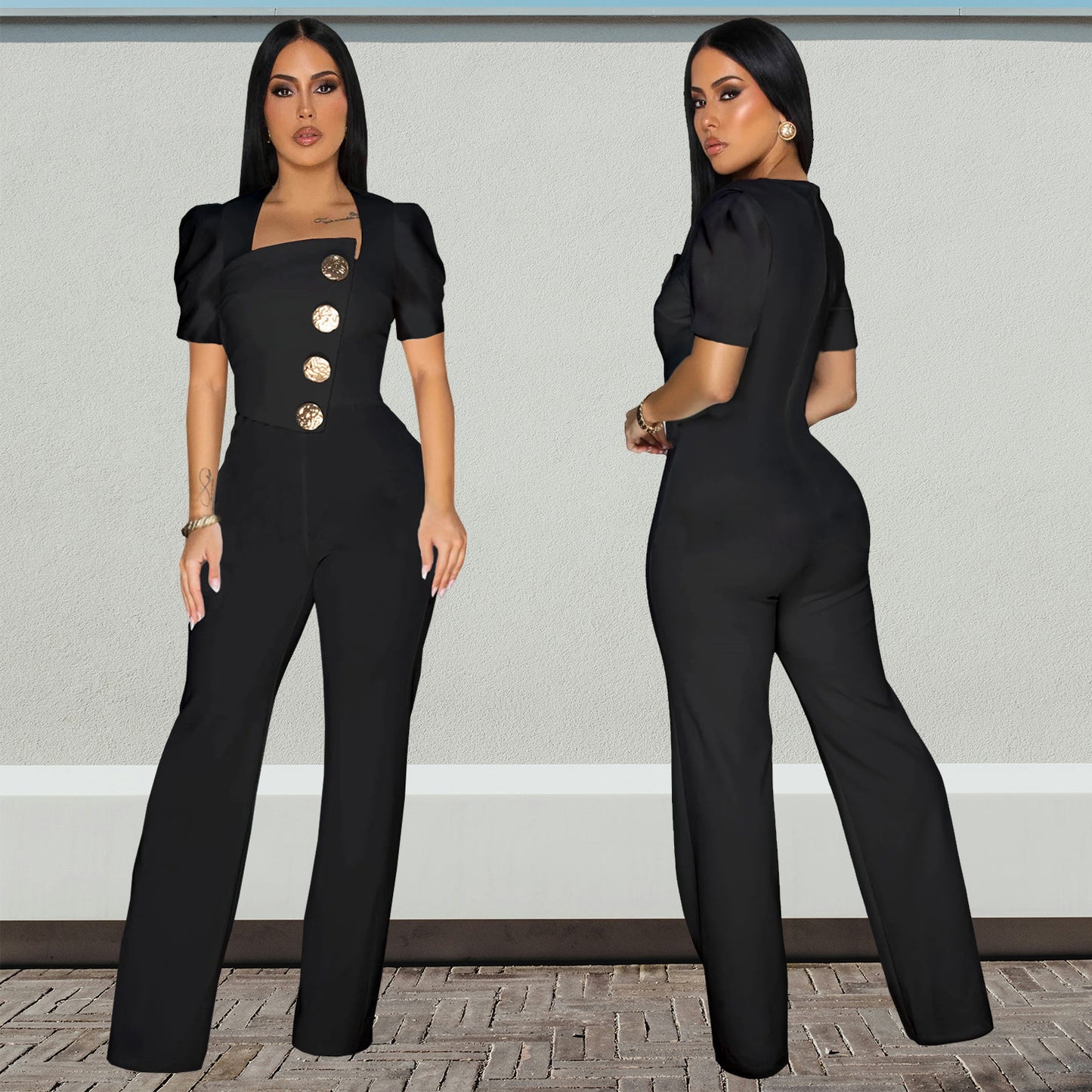 Dame Elegant Jumpsuit med smagfulde knapdetaljer og puffærmer Stilla
