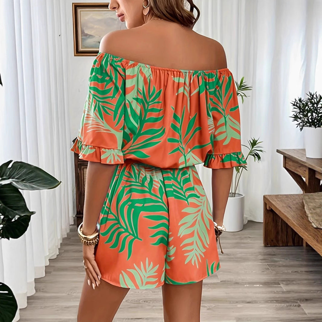 Dame Off-Shoulder Kort jumpsuit med tropisk print Stilla