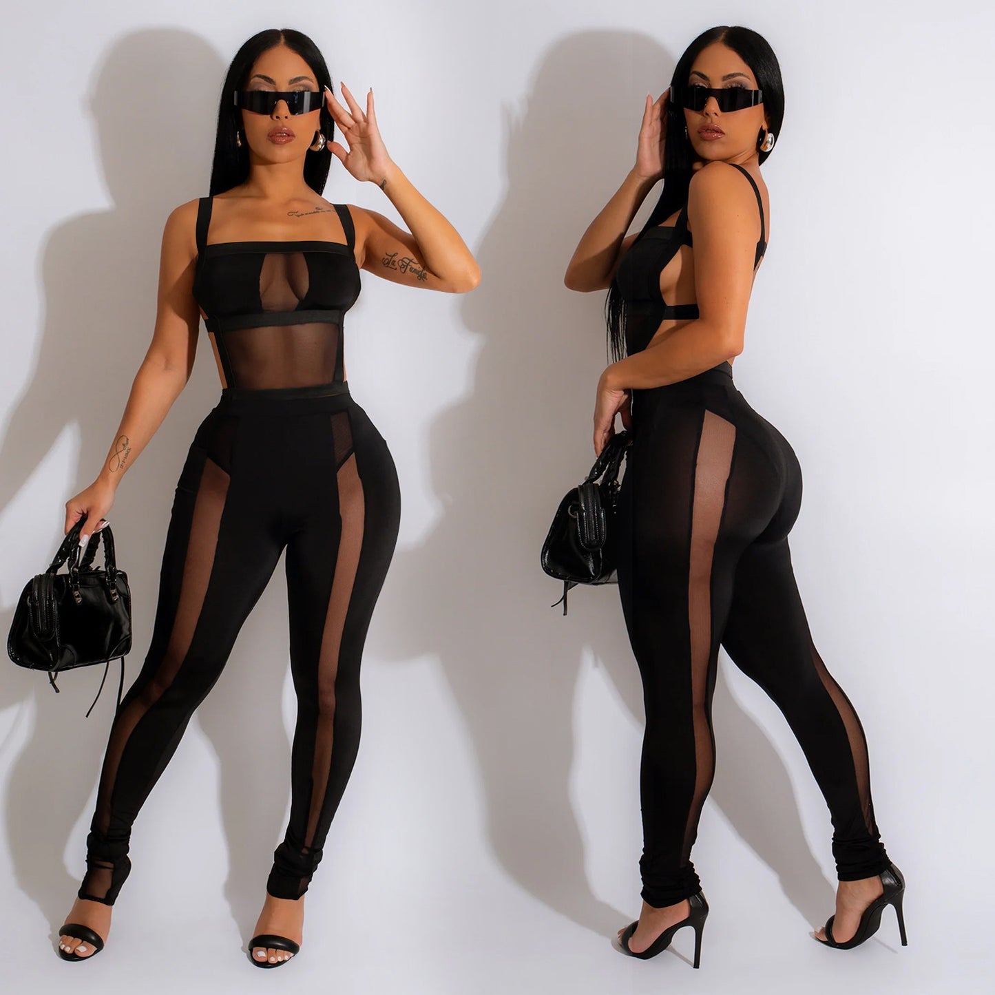 Dame figursyet jumpsuit med mesh-indsatser og høj talje Stilla