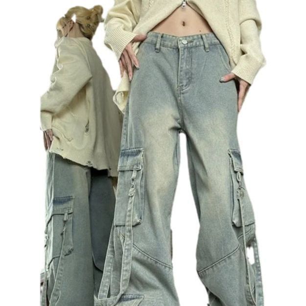 Stilla | Retro Vaskede Overalls Bred Cargo Jeans