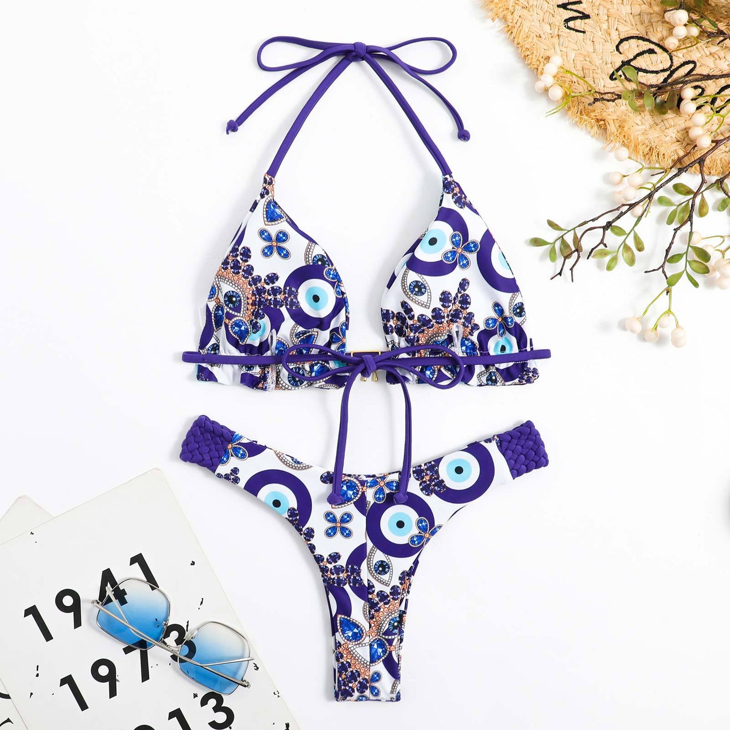 Dame Triangel-Bikini med blomsterdetaljer og bageste hækledesign Stilla