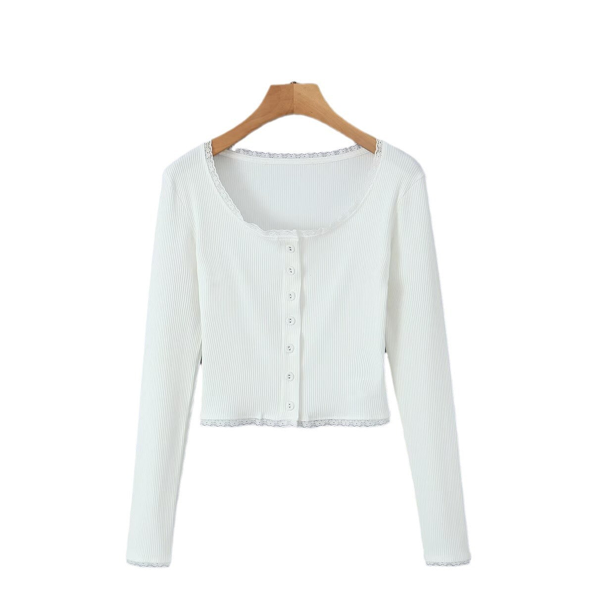 Dame cropped Langærmet skjorte med romantiske spidsdetaljer og knaplukning Stilla