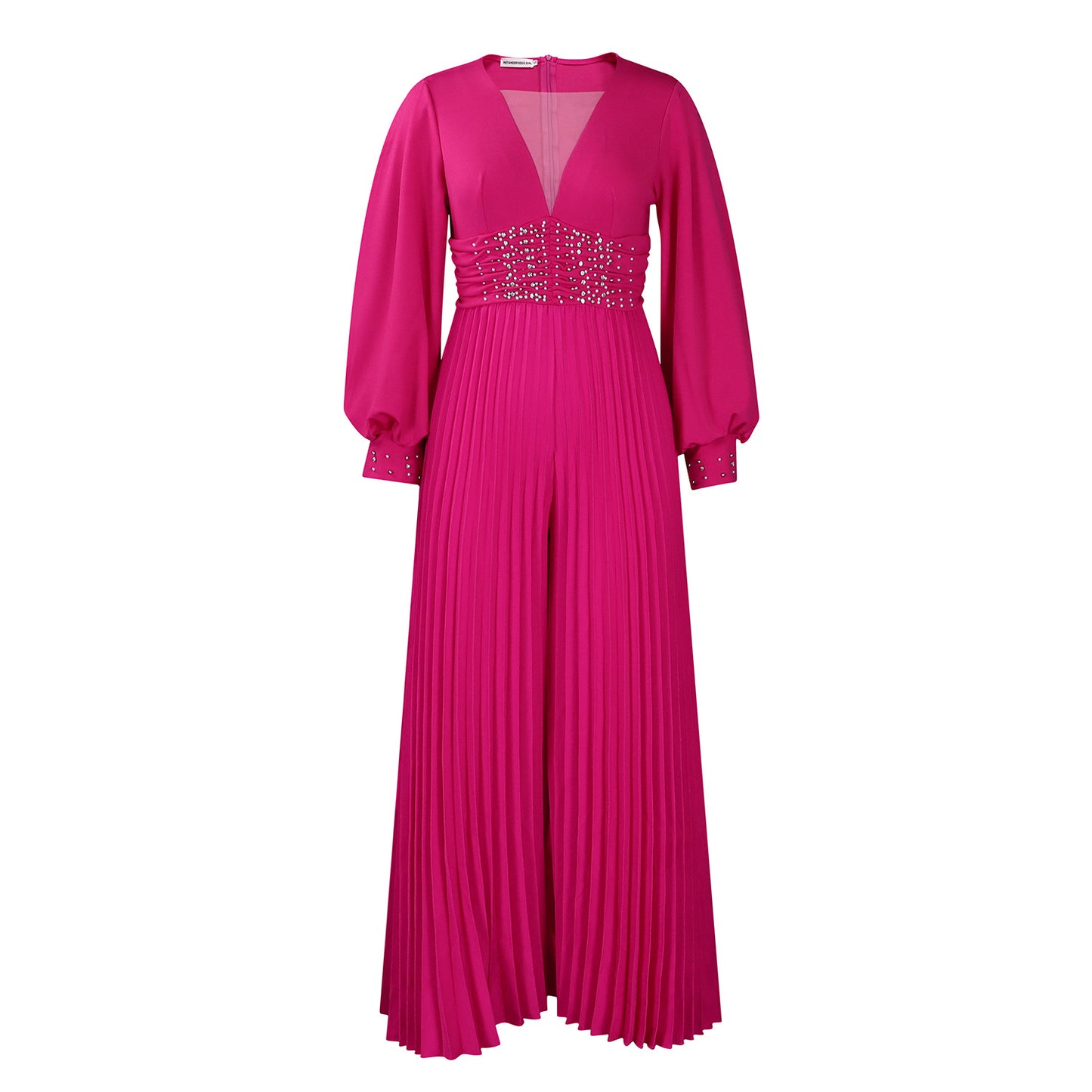 Dame Elegant Plisseret Jumpsuit med dyb V-udskæring og glitrende taljedetalje Stilla