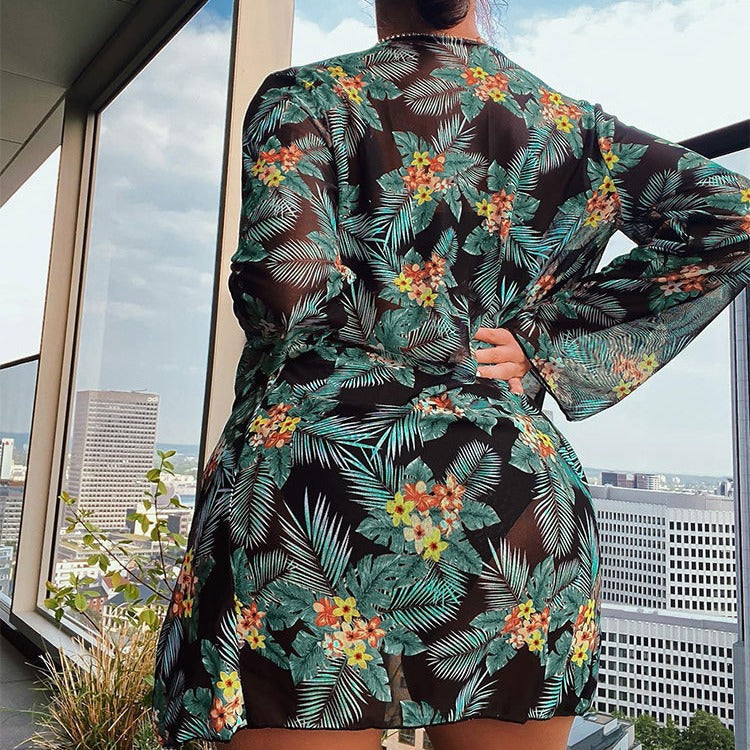 Dame bikini-sæt med høj talje underdele og blomster kimono Stilla