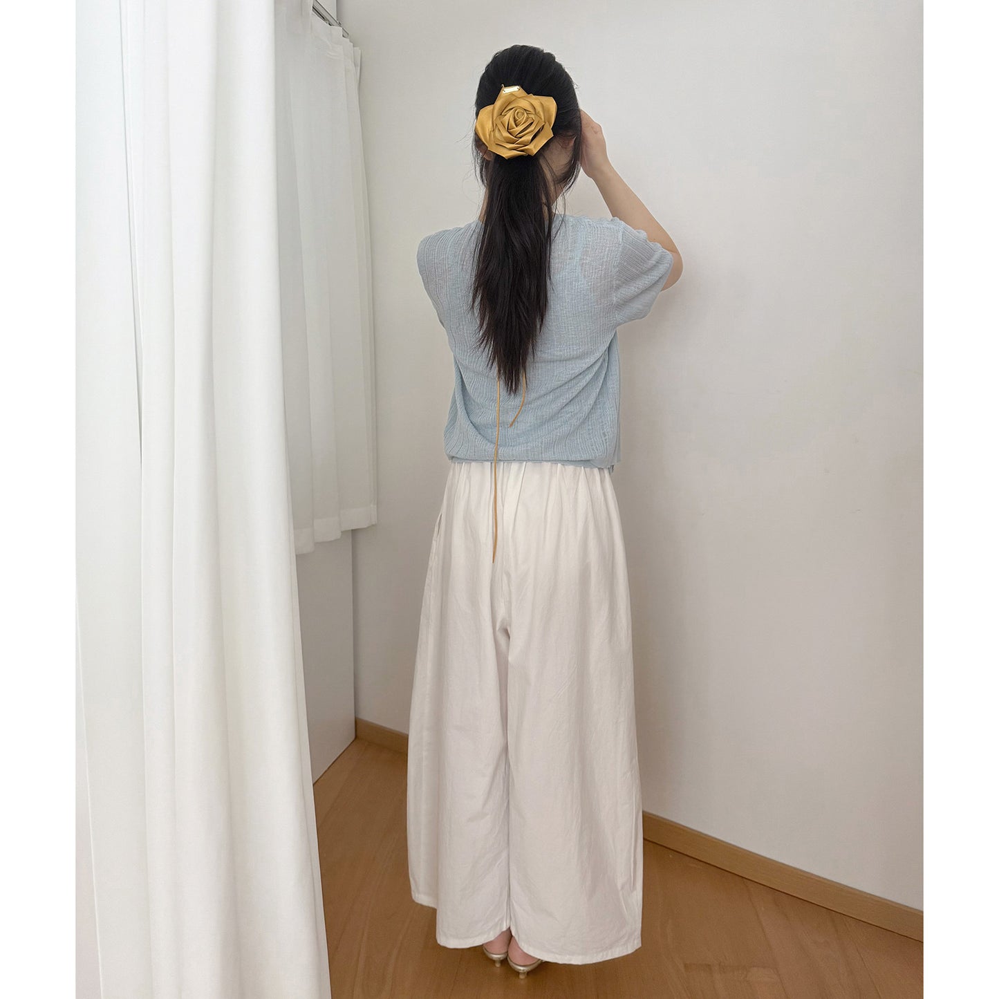 Dame afslappede crepe-bukser med elastisk talje og elegant bindebælte Stilla