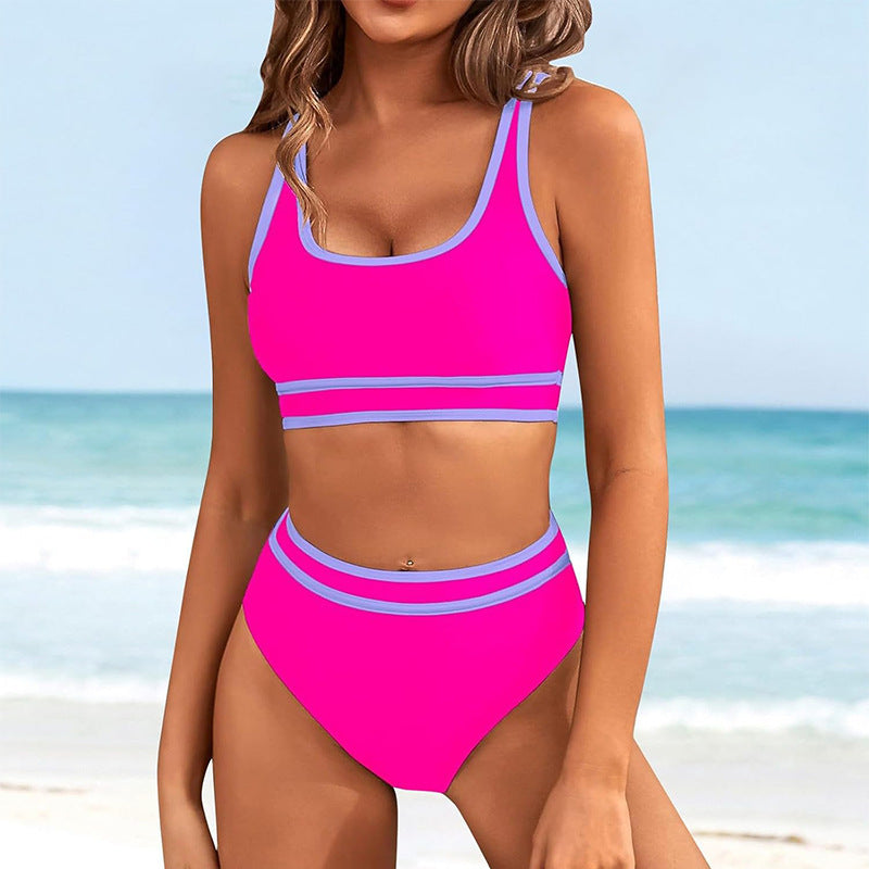 Dame Højtaljede Bikini-Sæt med sportslig Crop-Top og kontrasterende Ærmelydetails Stilla