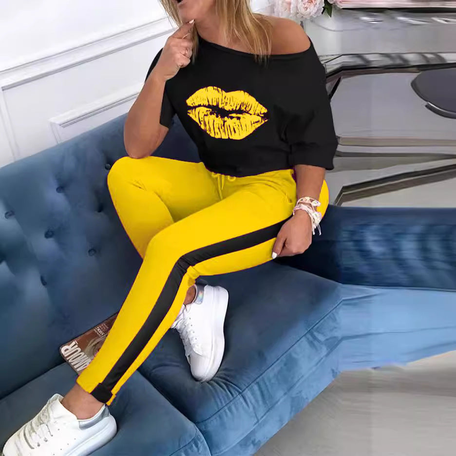Dame Casual Grafik T-Shirt og Sport Leggings Sæt Stilla