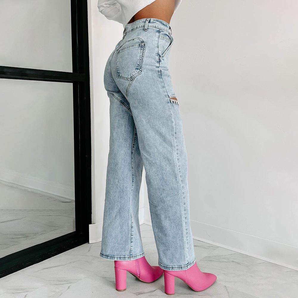 Stilla | Løs Nitte Rippet Straight Leg Dame Jeans