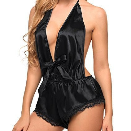 Dame Satin Halterneck Bodysuit med Spidsbesætning Stilla