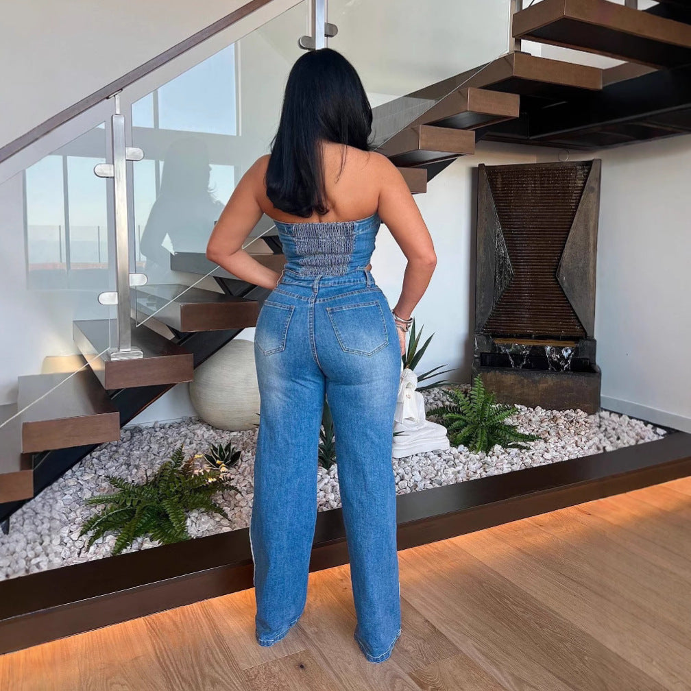 Dame Designer-Jumpsuit i Used-Look med figursyet overdel og bredt ben Stilla