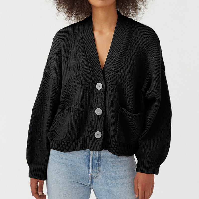 Dame afslappet strik cardigan med store lommer og knaplukning Stilla
