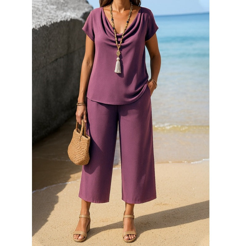 Dame afslappet overdel og brede bukser i sæt Stilla