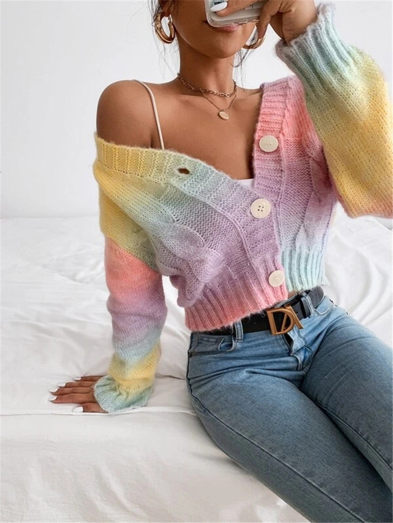 Dame Moderigtig Oversized-Cardigan med farverig gradient og knapdetaljer Stilla