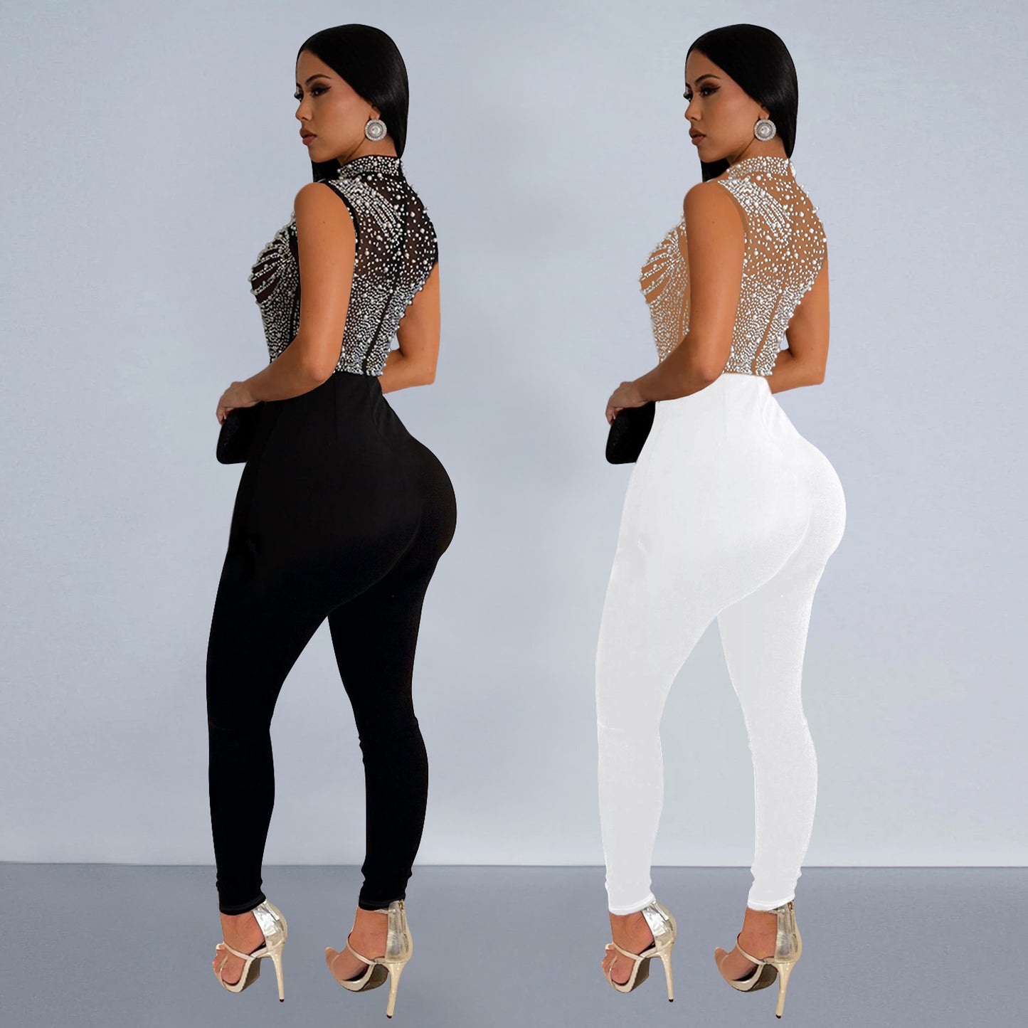 Dame glamorøs jumpsuit med glitrende strassdetaljer og gennemsigtigt overmateriale Stilla