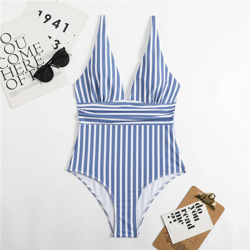 Dame hel jumpsuit badedragt med dyb V-hals og vertikale striber Stilla