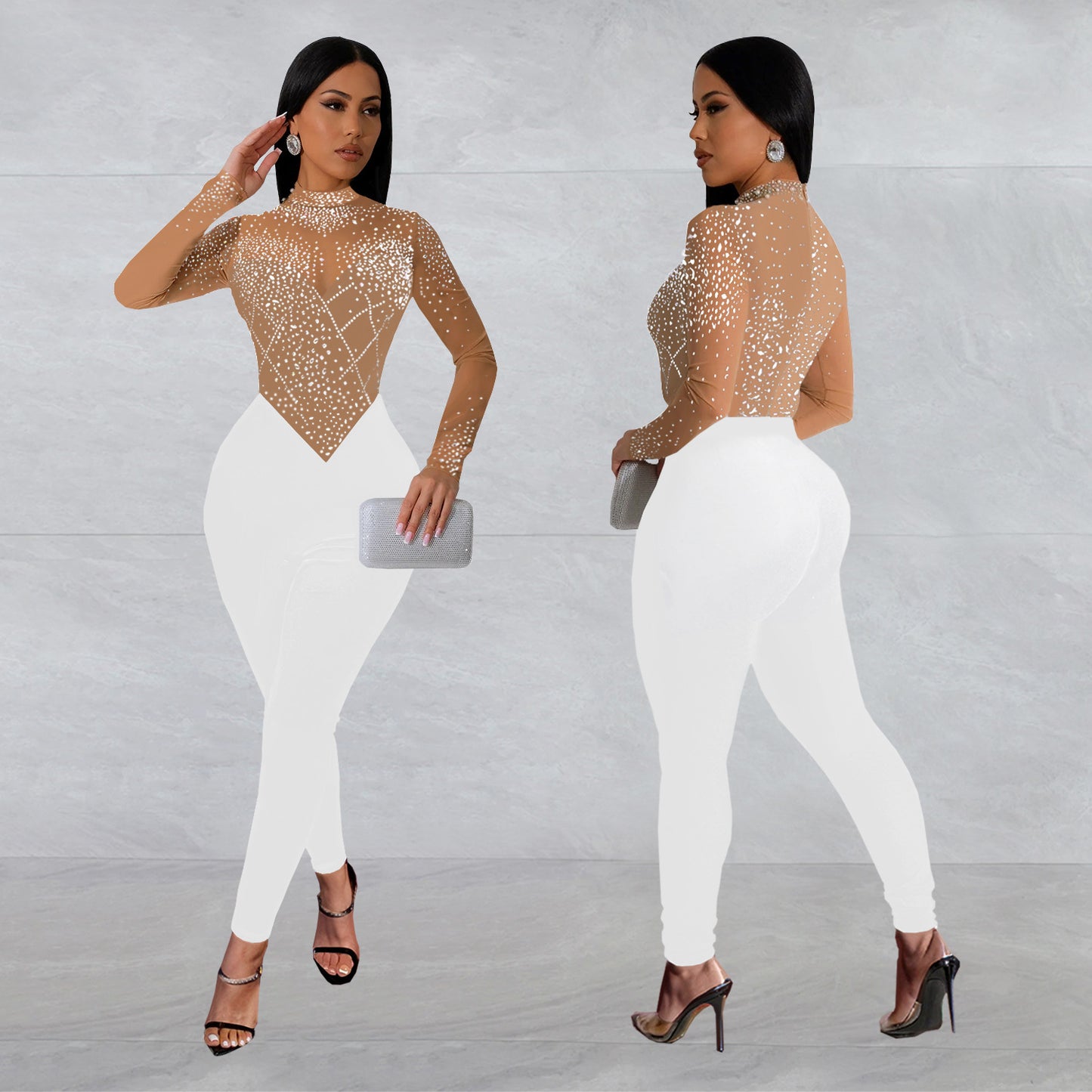 Dame Glamourøs Bodycon Jumpsuit med gennemsigtigt mesh og glitrende strass dekorationer Stilla