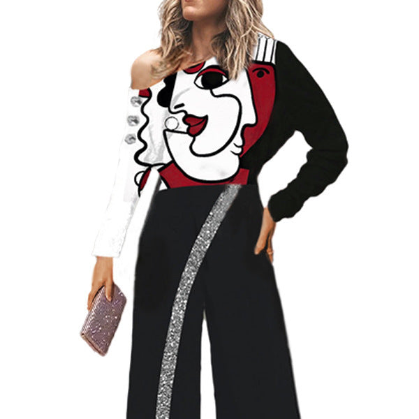 Dame En-sidet Off-Shoulder Jumpsuit med Glitterstriber Stilla