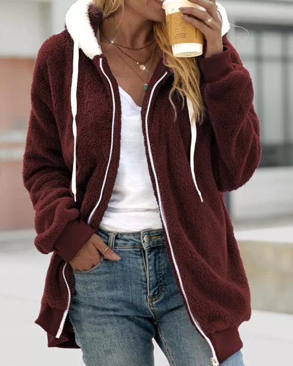 Stilla | Afslappet Zip up Langærmet Ensfarvet Snøre Sweatshirt