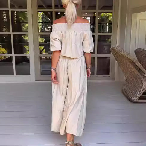Dame Off-Shoulder Maxi Jumpsuit med Talje Detalje Stilla