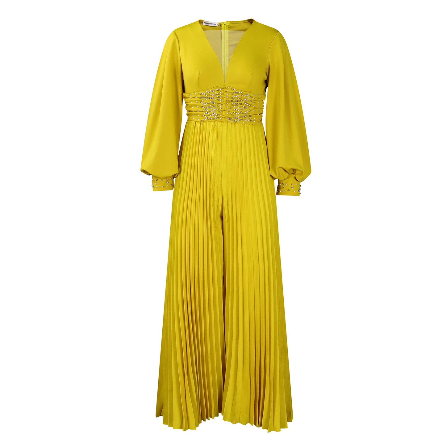 Dame Elegant Plisseret Jumpsuit med dyb V-udskæring og glitrende taljedetalje Stilla
