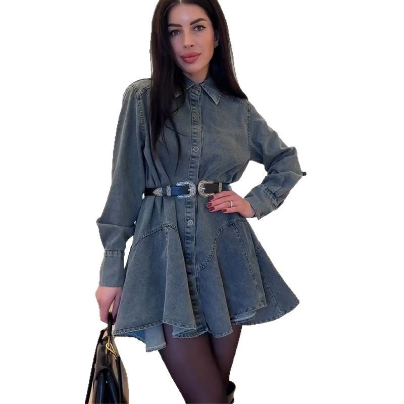 Dame jeans skjorte kjole med tætsiddende bælte og vidde svingende skirt Stilla