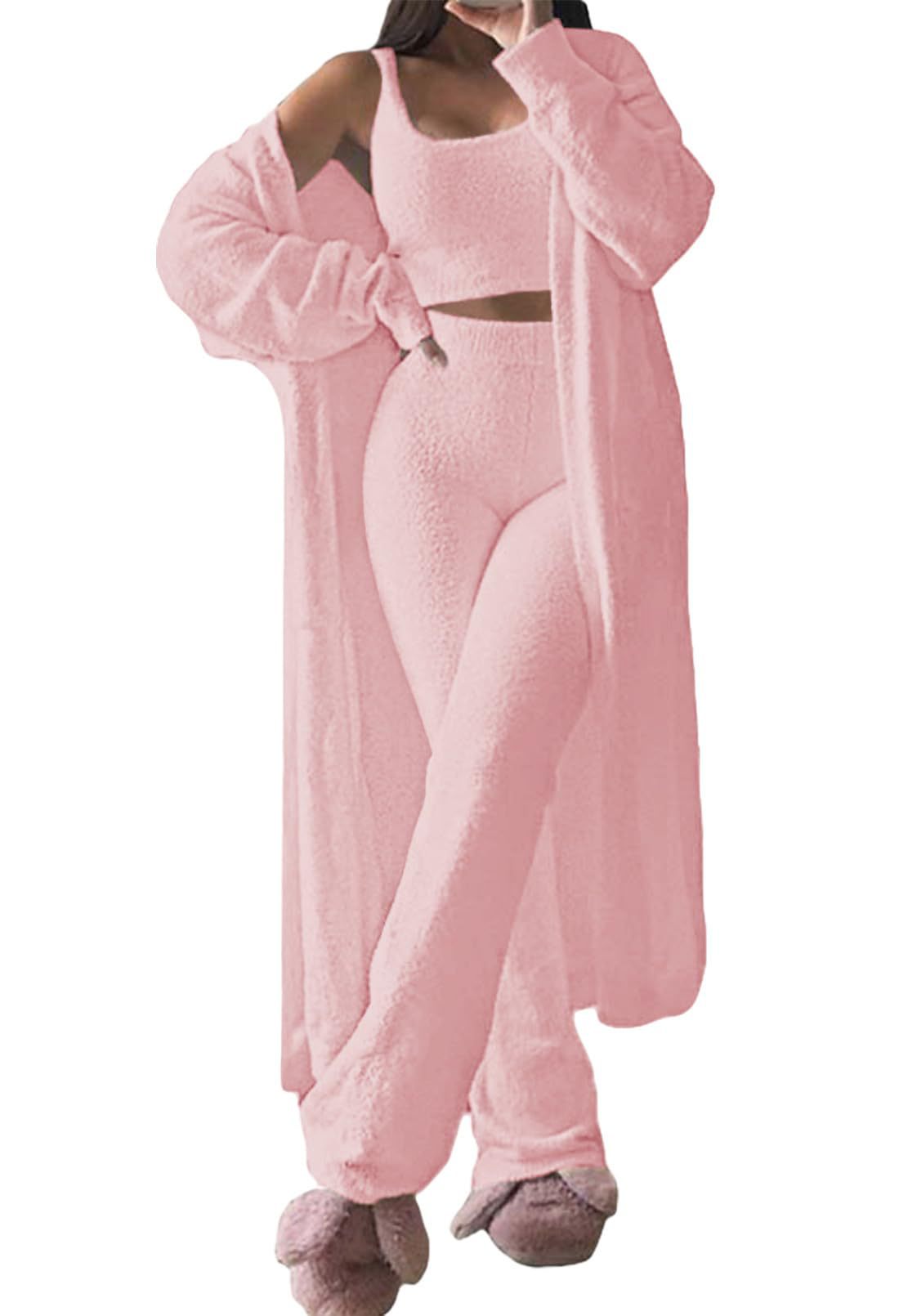 Dame komfortabel strik-loungewear-sæt med cardigan og dyb talje Stilla