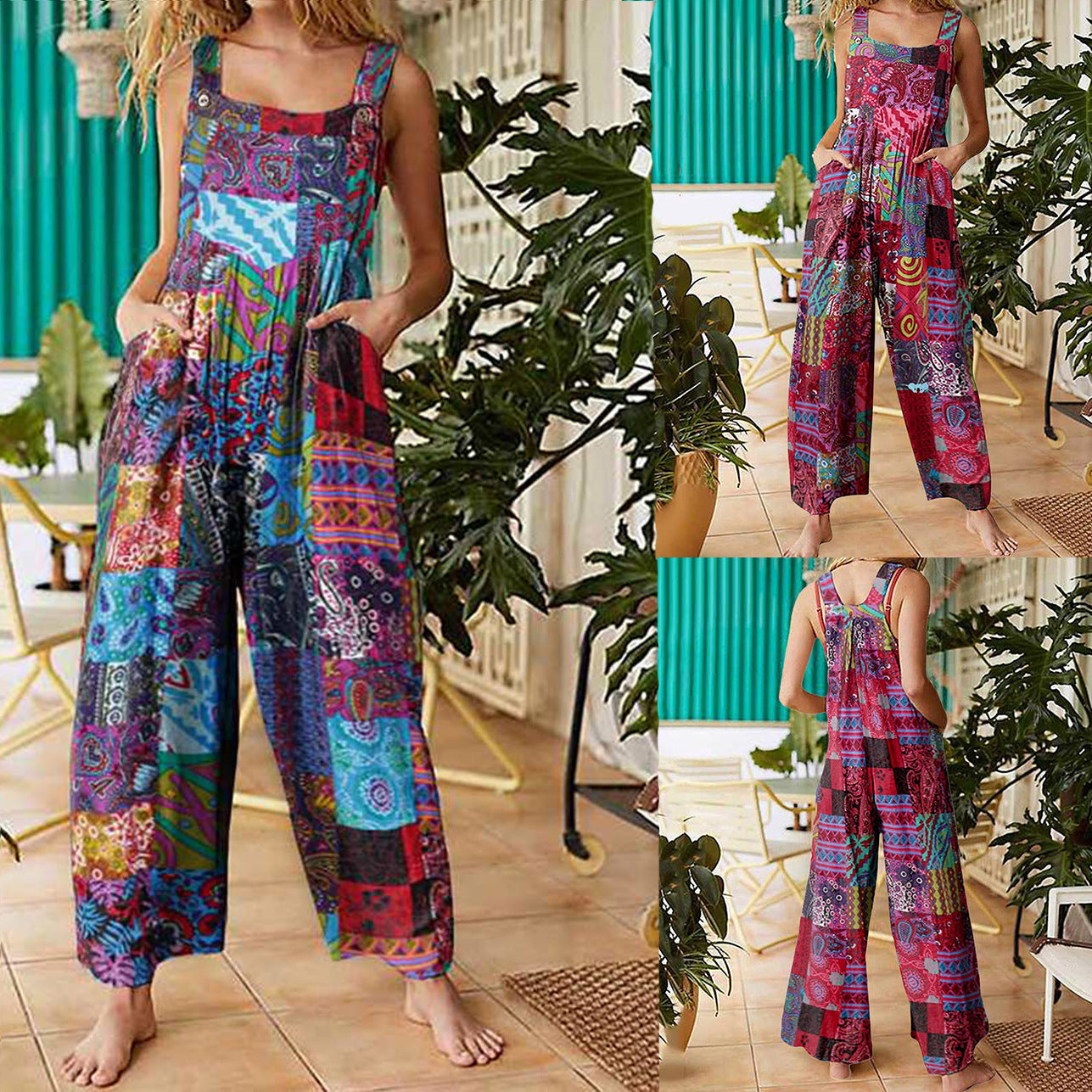 Dame farverig patchwork jumpsuit med sidelommer Stilla