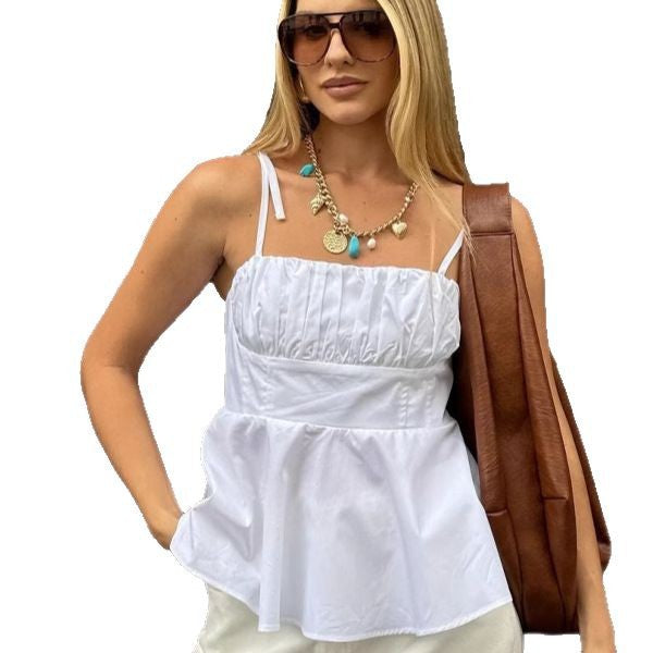 Dame afslappet spaghetti-strop top med innovative flæsedetaljer Stilla