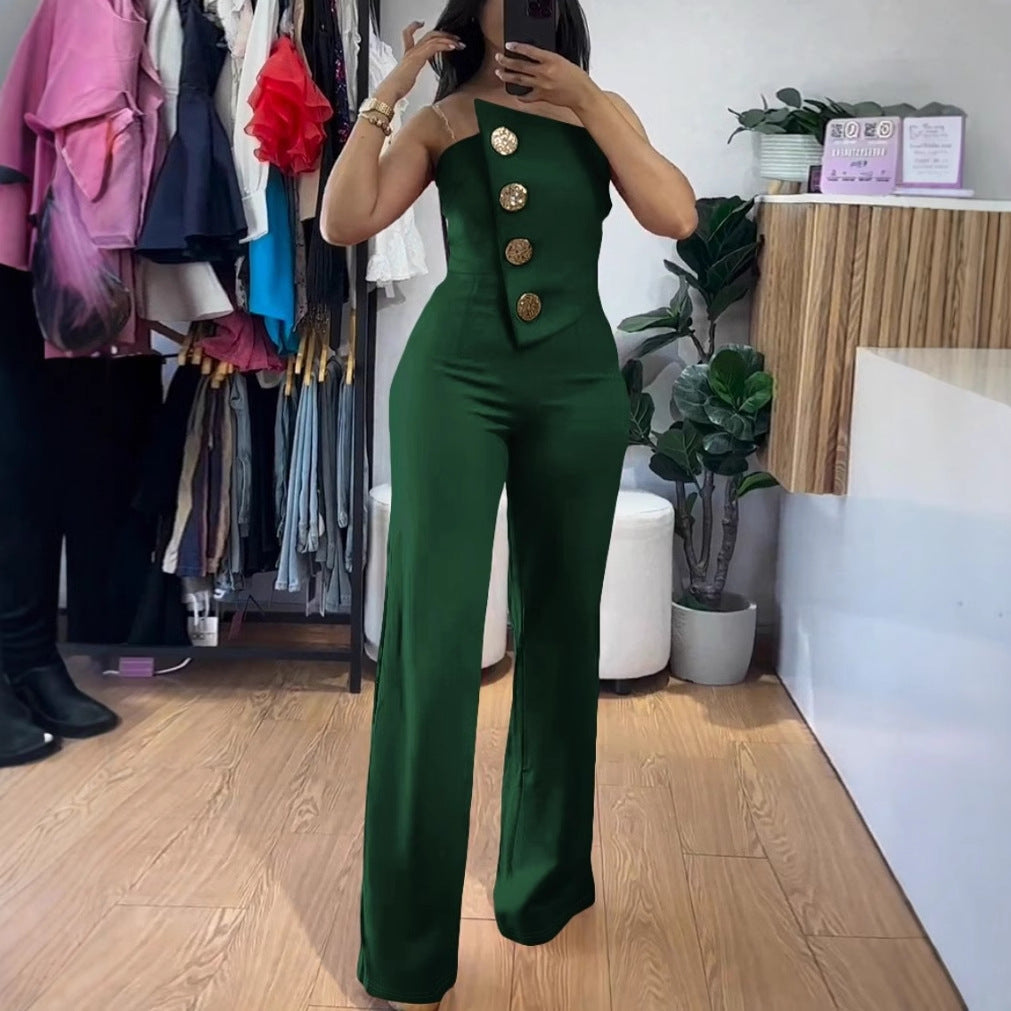 Dame Elegant skåret Jumpsuit med asymmetrisk overdel og gyldne knapdetaljer Stilla
