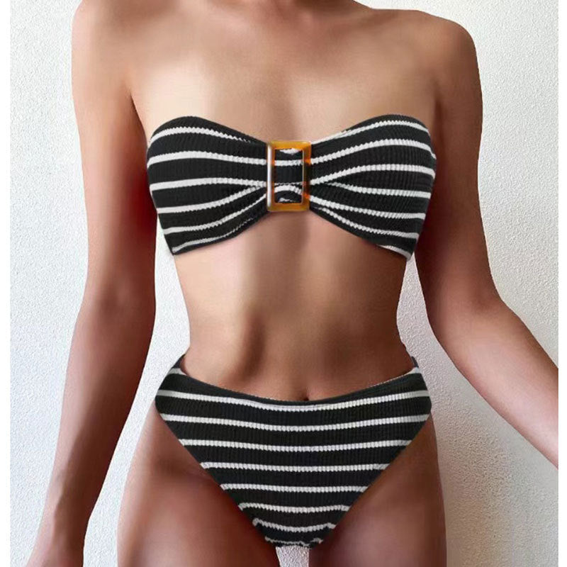 Dame Bandeau-bikini-sæt med dekorativ sløjfe-detalje og høj talje Stilla