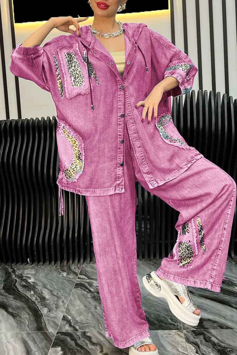 Dame afslappet denim sæt med hætte og dyreagtige accenter Stilla