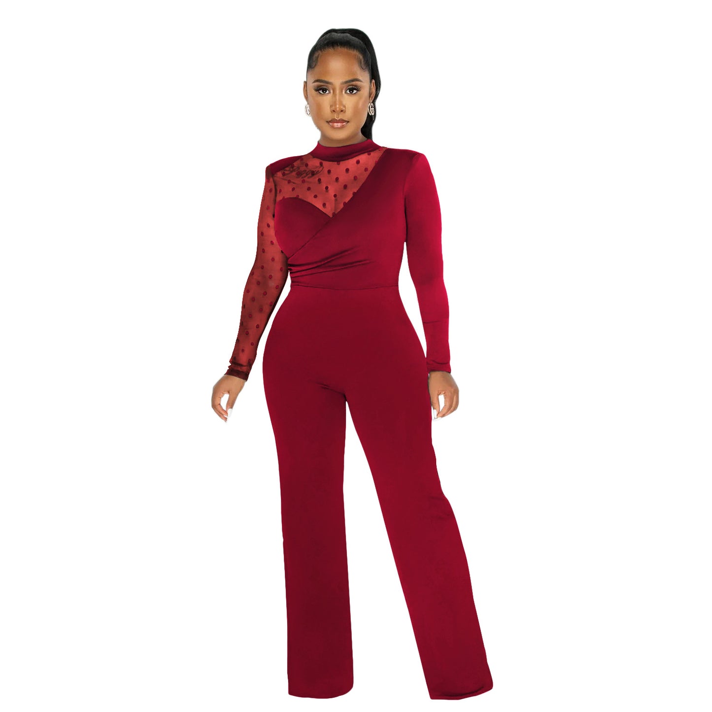 Dame Elegant Jumpsuit med transparente ærmer og stilfuld indpakningsdesign Stilla