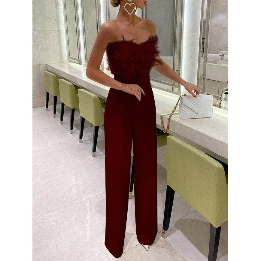 Dame Elegant Jumpsuit med Fjer og Taljemateriale Stilla