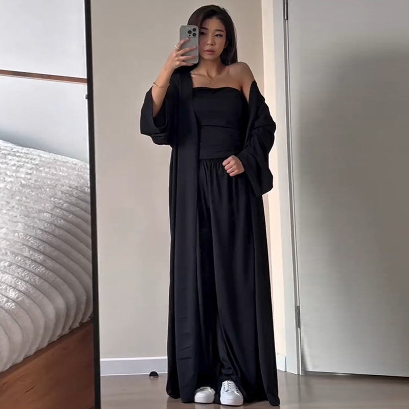 Dame elegant jumpsuit-sæt med lang cardigan og rynket overdel Stilla