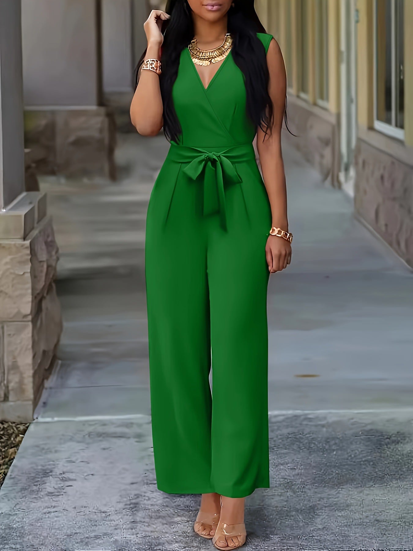 Dame Elegant Jumpsuit med Taljebælte og V-udskæring Stilla