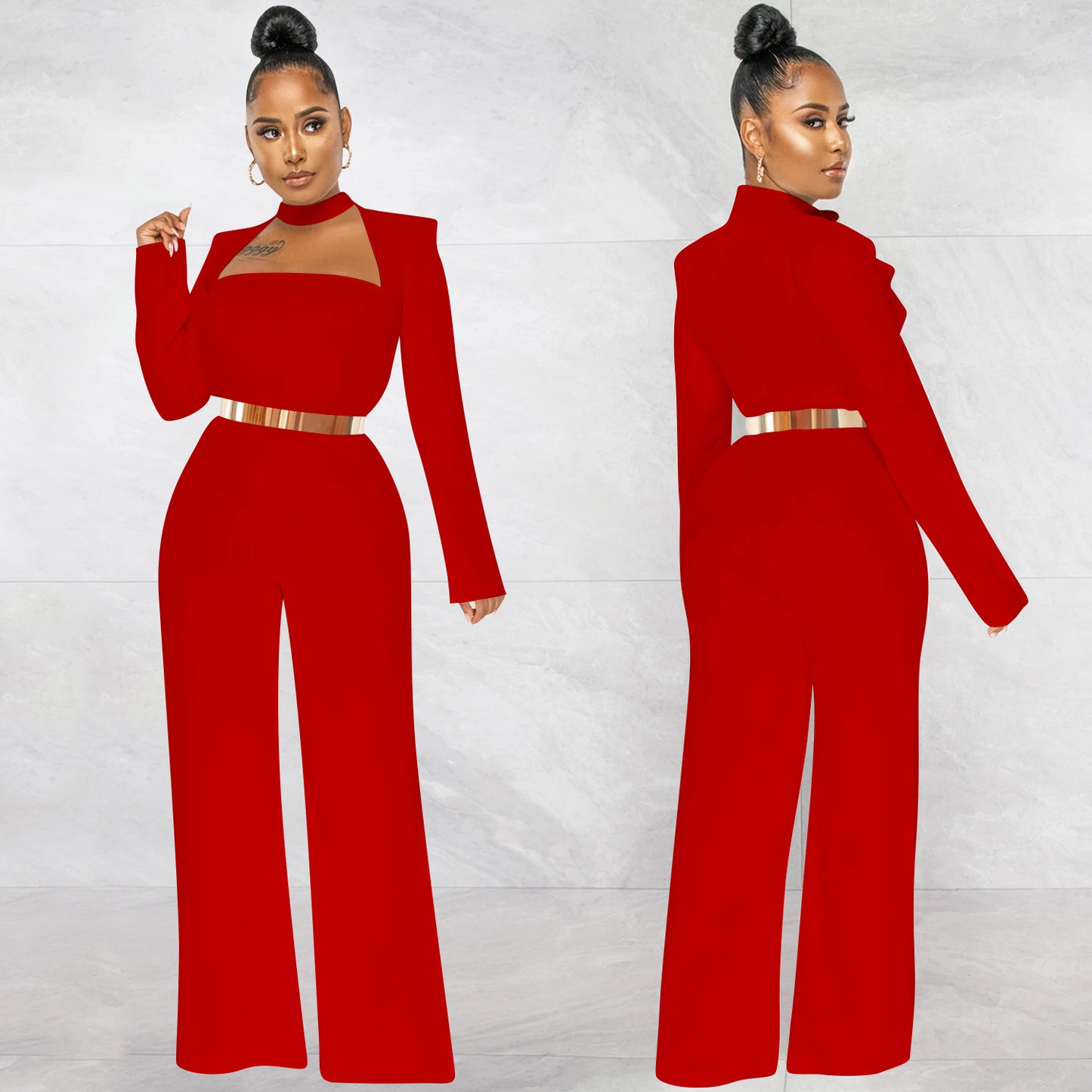 Dame elegant jumpsuit med smart firkantet udskæring og tætsiddende bælte Stilla