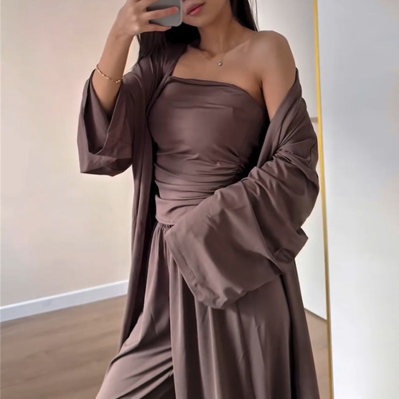 Dame elegant jumpsuit-sæt med lang cardigan og rynket overdel Stilla