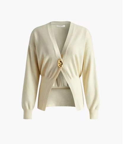 Dame elegant strikcardigan med asymmetrisk snit og dekorativ knap Stilla