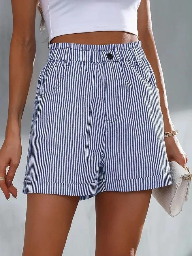 Dame elegante stribede shorts med elastisk liv og sidelommer Stilla